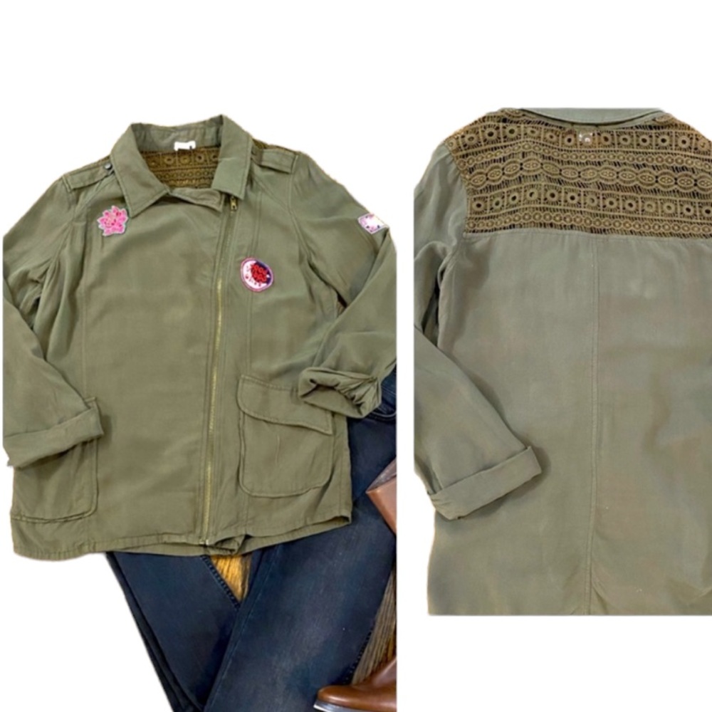 military style shirt jacket with patches olive green Size Small grunge2.0 sheer